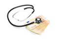 Professional stethoscope lying on stack of euro notes Royalty Free Stock Photo