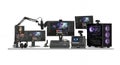 Professional Streaming Setup with Multiple Monitors Microphone Audio Mixer and Gaming PC for Content Creation on White Royalty Free Stock Photo