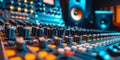 Professional studio control desk with recording equipment for sound production in a modern setting. Royalty Free Stock Photo