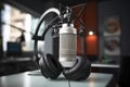 Professional studio microphone for podcasting. Microphone as a symbol for recording audio podcasts