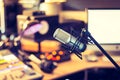 Professional studio microphone, recording studio, equipment in the blurry background Royalty Free Stock Photo