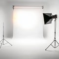 Professional Studio Photography Setup with White Backdrop and Lighting Equipment Royalty Free Stock Photo