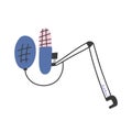 Professional studio podcaster microphone with pop filter on arm stand with desk clamp, isolated on white, hand drawn