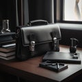 Sleek Black Leather Briefcase with Business Documents and Fountain Pen on Wooden Table Royalty Free Stock Photo