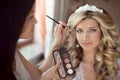 Professional Stylist makes makeup bride on the wedding day. Beau