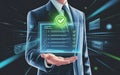 Professional in a suit displays a futuristic digital checklist for successful task completion. Royalty Free Stock Photo