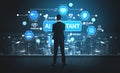 Professional in Suit Observing Futuristic AI Technology and Virtual Assistants with Interactive Interface in a Modern Royalty Free Stock Photo