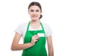 Professional supermarket seller holding business card Royalty Free Stock Photo