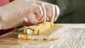 Professional sushi chef preparing roll at commercial kitchen, close-up. Royalty Free Stock Photo