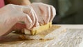 Professional sushi chef preparing roll at commercial kitchen, close-up. Royalty Free Stock Photo