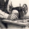 professional tailor working at an old-fashioned sewing machine, pencil drawing,generated with AI.