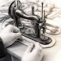 professional tailor working at an old-fashioned sewing machine, pencil drawing,generated with AI.