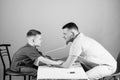 Professional talk. medicine and health. small boy with dad play. Future career. nurse laboratory assistant. family Royalty Free Stock Photo