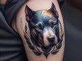 Tattoo with a dog, tattoo ideas for man and woman. Aniaml tattoo ideas. Tatto with pitbull. Royalty Free Stock Photo