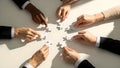 Professional Team Hands Assembling Jigsaw Puzzle. Business Collaboration, Problem Solving Concept on White Royalty Free Stock Photo