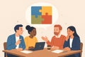 Professional team solving project challenges, connecting puzzle pieces symbolizing collaborative strategy and unified workplace Royalty Free Stock Photo