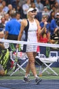 Professional tennis player Caroline Wozniacki of Denmark celebrates victory after her round four match at US Open 2016