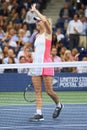 Professional tennis player Caroline Wozniacki of Denmark celebrates victory after her round four match at US Open 2016