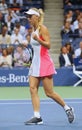 Professional tennis player Caroline Wozniacki of Denmark celebrates victory after her round four match at US Open 2016