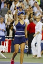Professional tennis player Eugenie Bouchard celebrates victory after third round march at US Open 2014