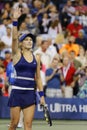 Professional tennis player Eugenie Bouchard celebrates victory after third round march at US Open 2014