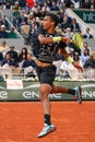 Professional tennis player Felix Auger Aliassime of Canada in action during his round 4 match against Rafael Nadal of Spain