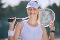 Professional tennis player, fit athlete and active woman playing sport, match and game with racket outdoors. Portrait of Royalty Free Stock Photo
