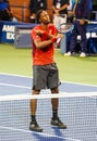Professional tennis player Gael Monfis of France celebrates victory after his 2019 US Open second round match Royalty Free Stock Photo