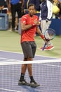 Professional tennis player Gael Monfis of France celebrates victory after his 2019 US Open second round match Royalty Free Stock Photo