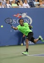 Professional tennis player Gael Monfis during quarterfinal match against seventeen times Grand Slam champion Roger Federer