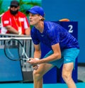 Professional tennis player Jannik Sinner of Italy in action during his quarter-final match at 2022 Miami Open Royalty Free Stock Photo