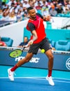 Professional tennis player Nick Kyrgios of Australia in action during his 2022 Miami Open round of 32 match Royalty Free Stock Photo