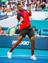 Professional tennis player Nick Kyrgios of Australia in action during his 2022 Miami Open round of 32 match Royalty Free Stock Photo