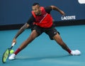 Professional tennis player Nick Kyrgios of Australia in action during his 2022 Miami Open round of 32 match Royalty Free Stock Photo