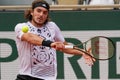 Professional tennis player Stefanos Tsitsipas of Greece in action during his round 4 match against Holger Rune of Denmark