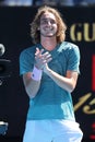 Professional tennis player Stefanos Tsitsipas of Greece celebrates victory after his quarter-final match at 2019 Australian Open i