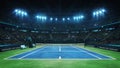 Blue tennis court and illuminated indoor arena with fans, upper front view