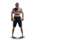 Professional Thai boxer stands in full combat gear. Muay Thai, kickboxing, martial arts concept