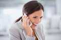 Professional, thinking and happy phone call with woman in office with communication on investment. Investor, smile and Royalty Free Stock Photo