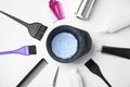 Professional tools for hair dyeing on background, flat lay Royalty Free Stock Photo