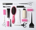 Professional tools for hair dyeing on background, flat lay Royalty Free Stock Photo