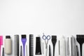 Professional tools for hair dyeing on background, flat lay. Space for text Royalty Free Stock Photo