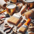 Professional tools for home decor and painter, close up. Generated AI Royalty Free Stock Photo