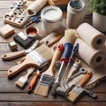 Professional tools for home decor and painter, close up. Generated AI Royalty Free Stock Photo