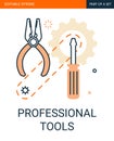 Professional tools icon. Screwdriver, gears, pliers, chain flat outline icon with editable stroke.