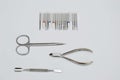 Professional tools for manicure and pedicure - nippers, cuticle pusher, scissors, cutters on a white background, top view Royalty Free Stock Photo