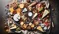 Professional top-down view of a gourmet cheese and charcuterie board with a variety of cheeses, cured meats, nuts Royalty Free Stock Photo