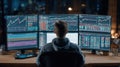 Professional trader analyzing stock market data on multiple monitors displaying charts, graphs, and real-time financial Royalty Free Stock Photo