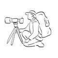 Professional travel photographer with camera big lens tripod illustration vector hand drawn isolated on white background line art Royalty Free Stock Photo