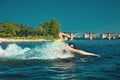 Professional triathlete swimming in river`s open water